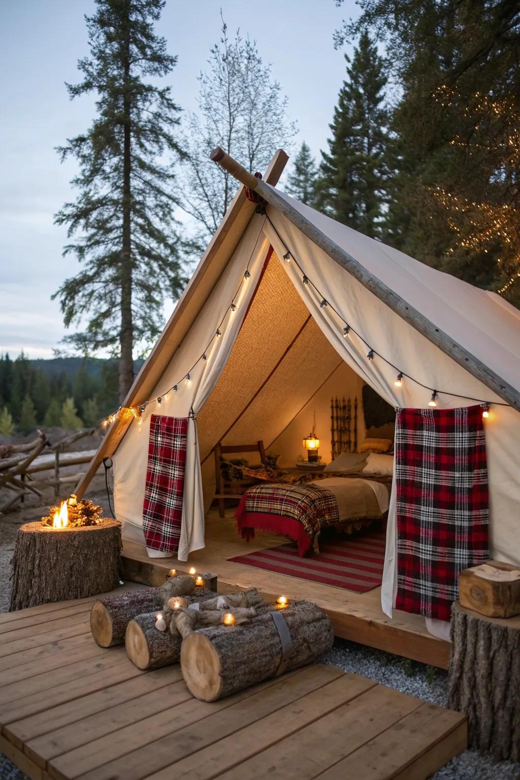 A cozy cabin-style tent with plaid blankets and log accents.