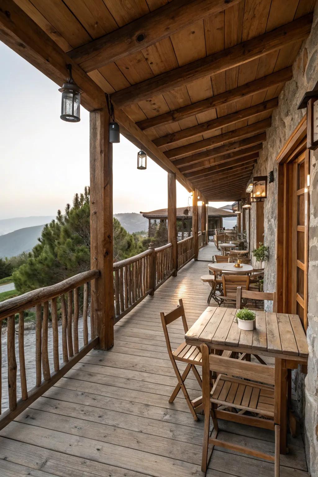 Rustic wood accents add warmth and charm to a terrace.
