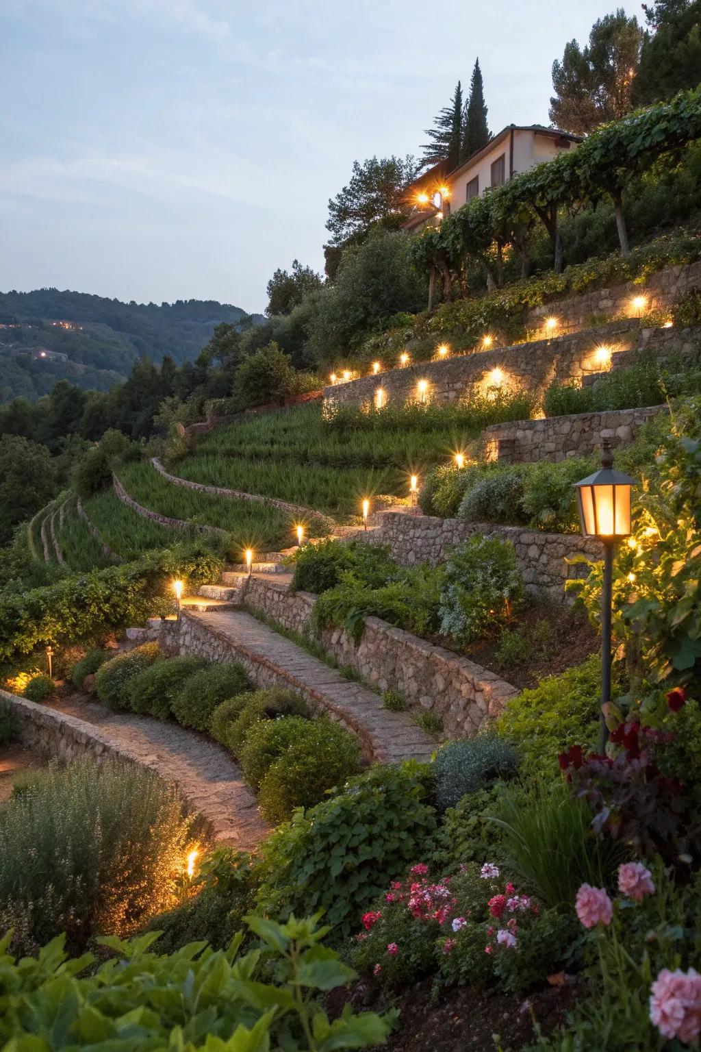 Terraced garden beautifully illuminated with solar lights, creating a magical evening ambiance on a slope.