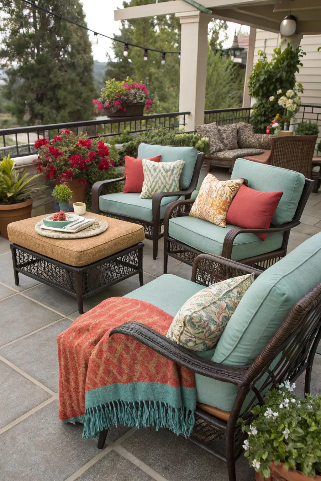 Keep your patio stylish and durable with weatherproof fabrics.