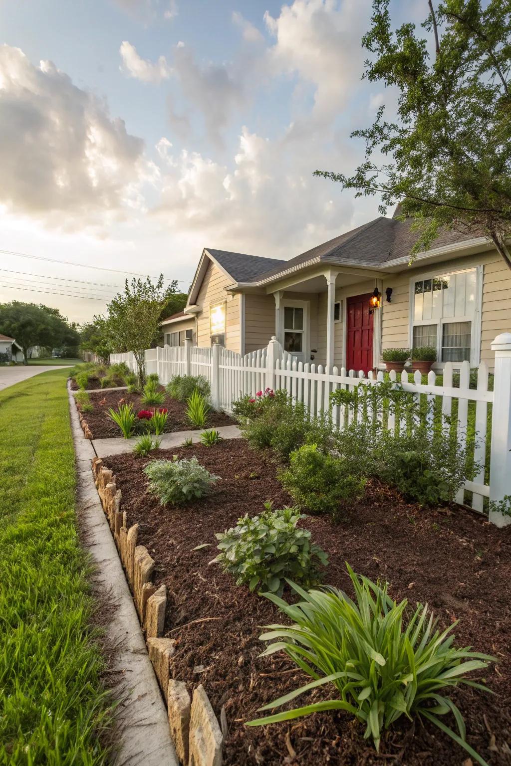 Fresh mulch adding texture and practicality to plant beds.