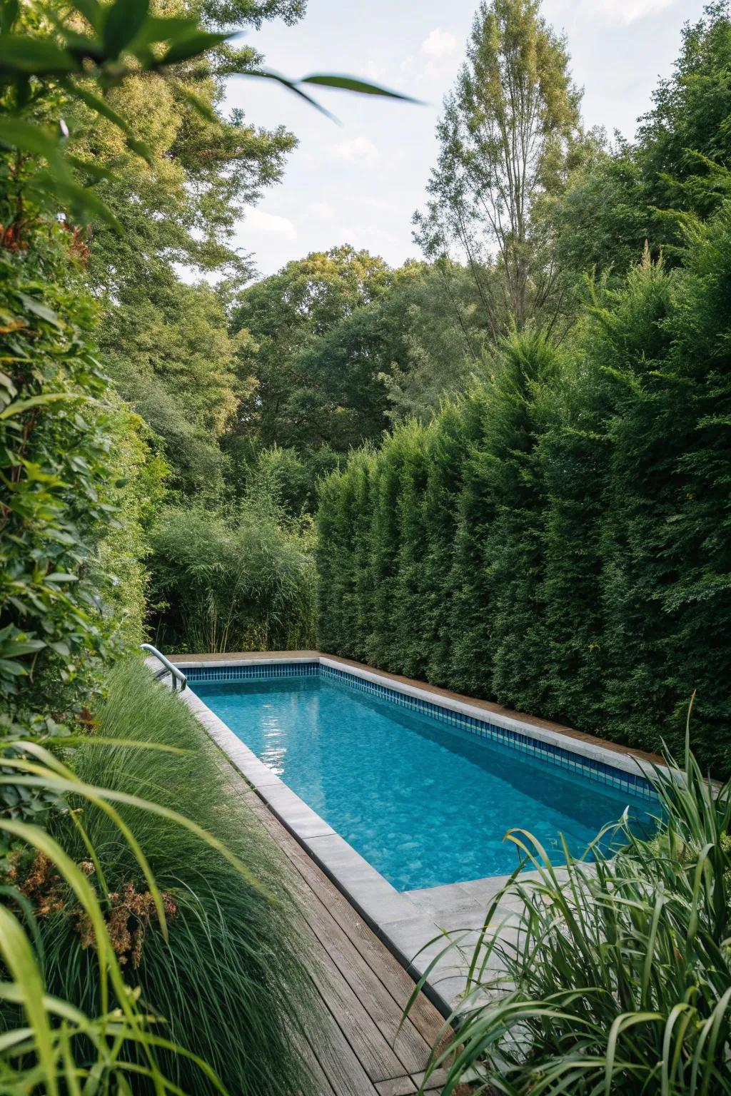 Lush greenery provides privacy and a natural backdrop.