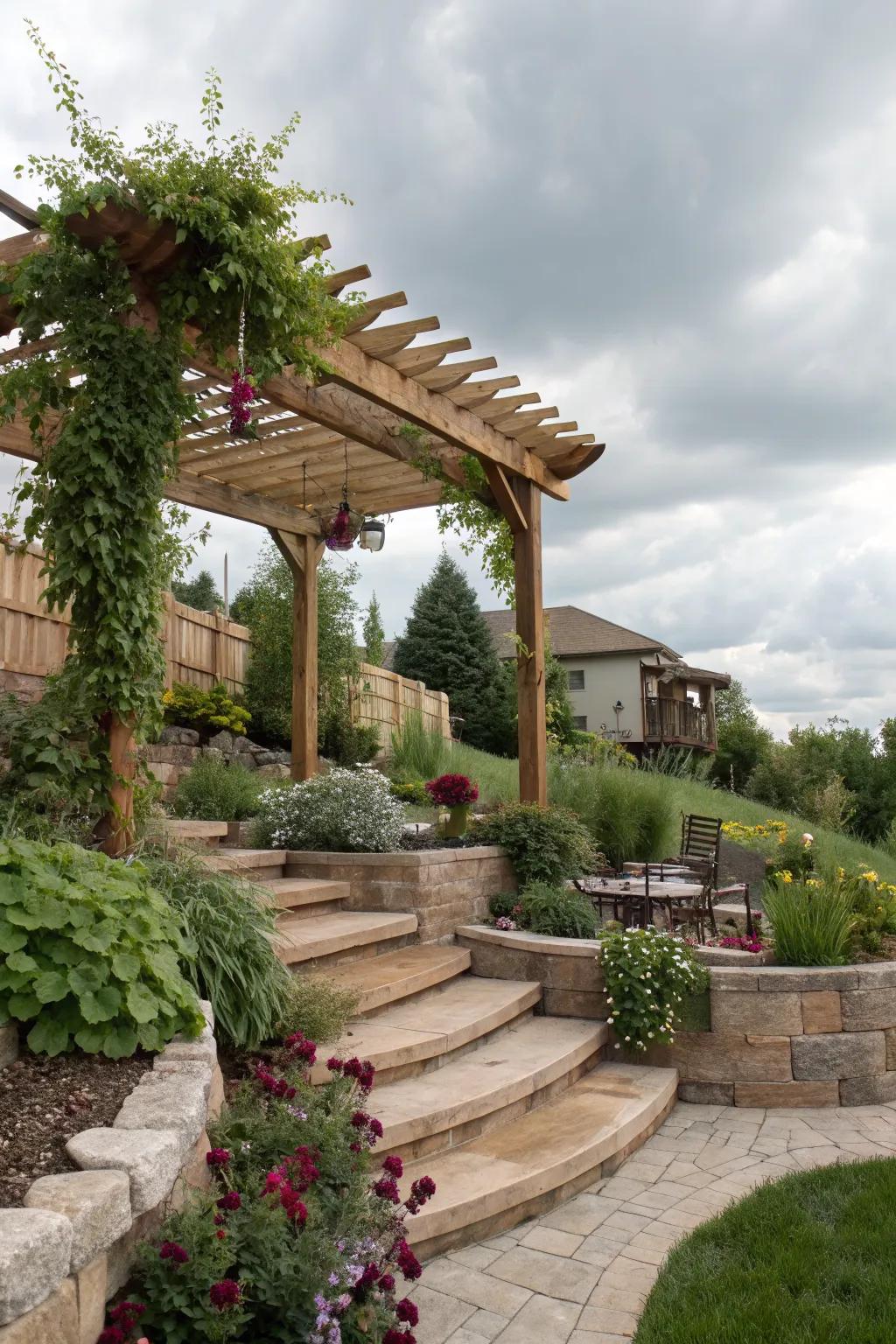 A pergola offers shade and a touch of elegance.