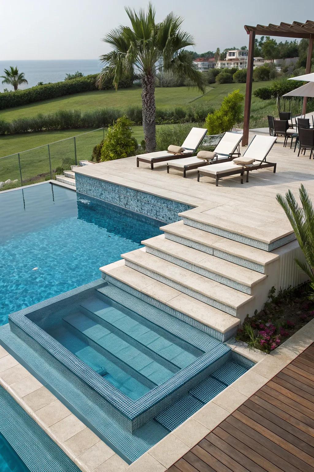 A poolside tiered deck perfect for relaxation.