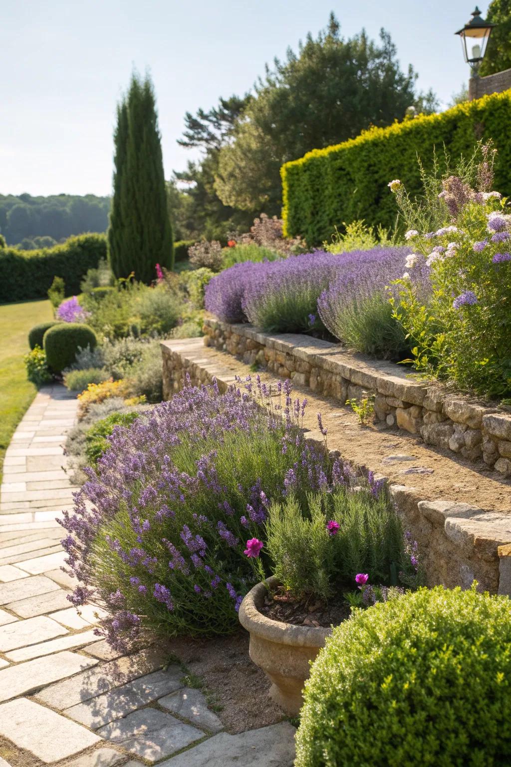 A Mediterranean-themed tiered garden for a touch of coastal charm.