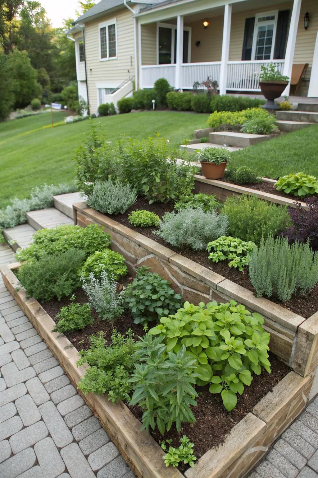 An herb garden tier offers both beauty and practicality.