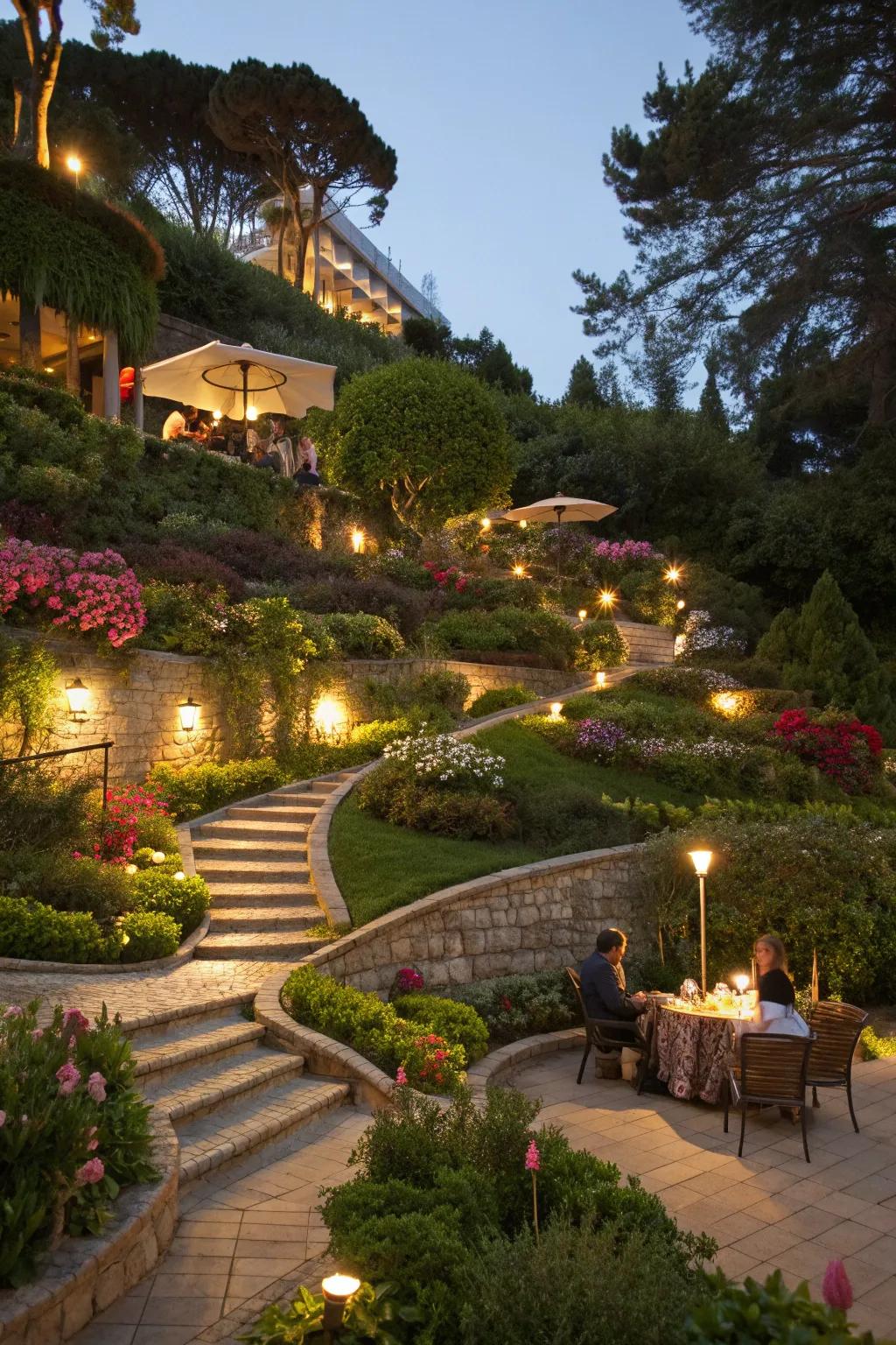 Lighting adds a magical touch to tiered gardens at night.