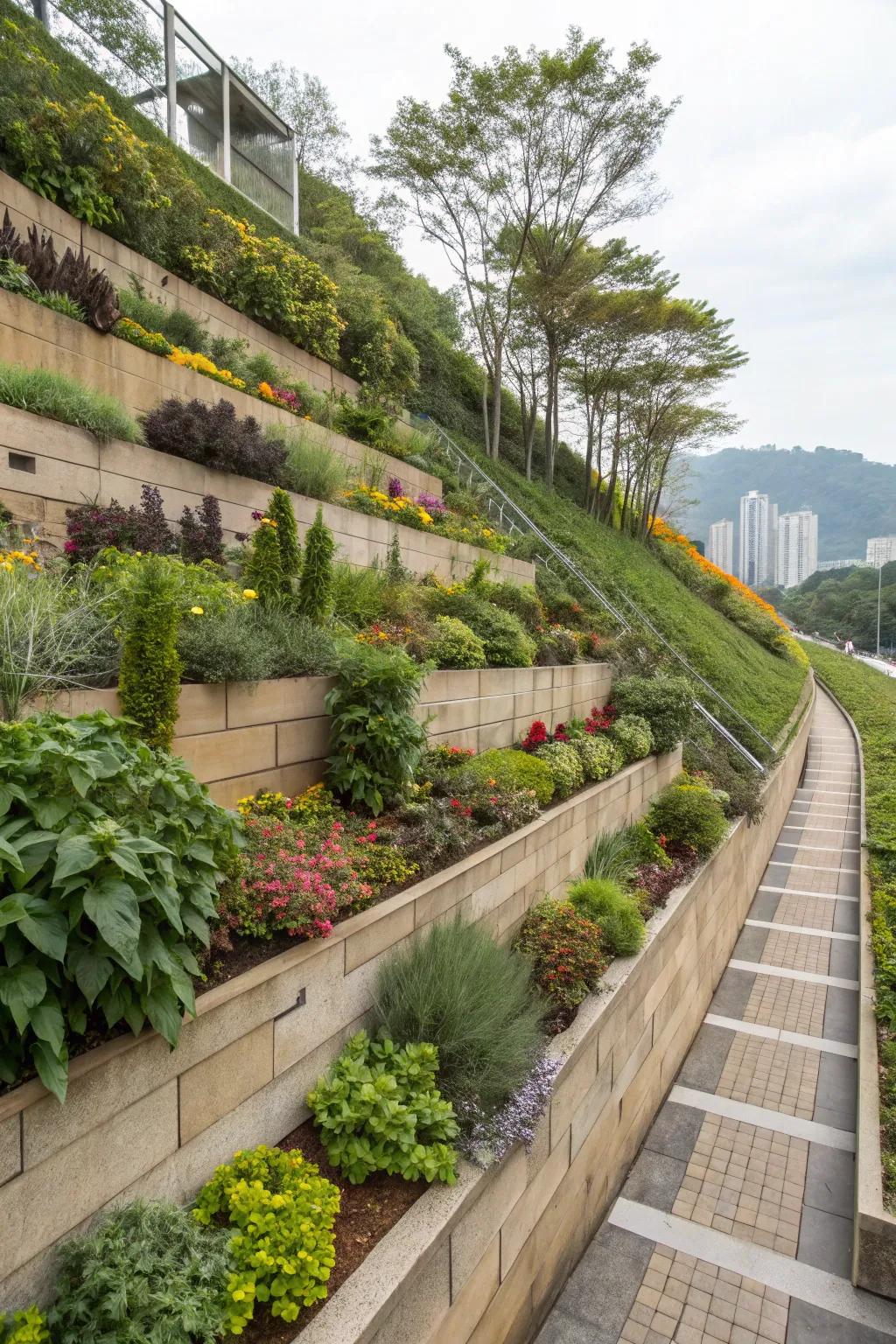 Vertical gardens turn retaining walls into living artworks.