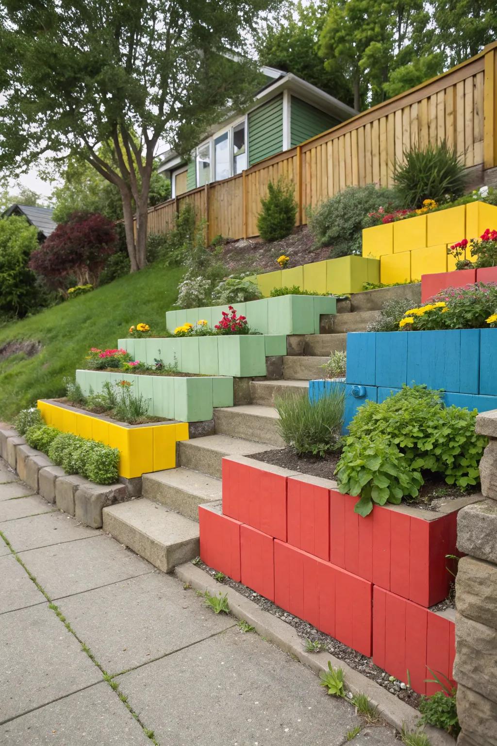 Bold colors make this tiered retaining wall a standout feature.
