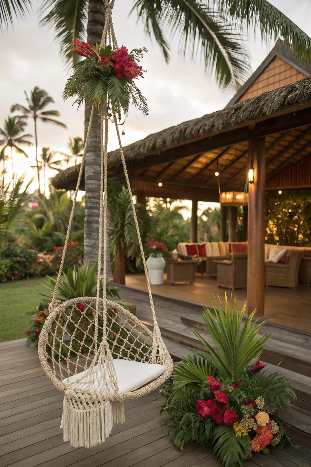 A swing chair adds a playful touch to the deck