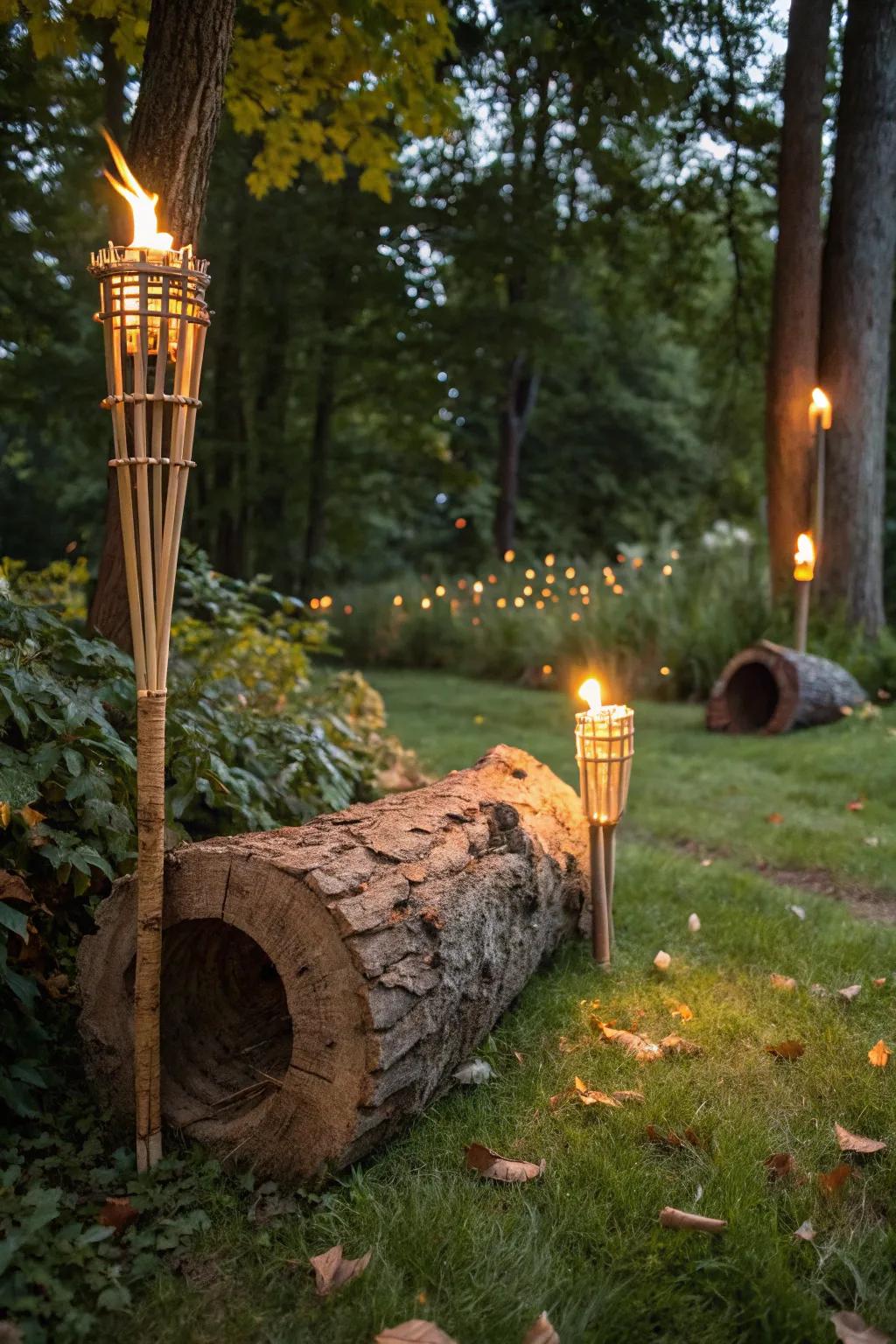 Hollow log torches offer rustic charm and blend seamlessly with natural surroundings.