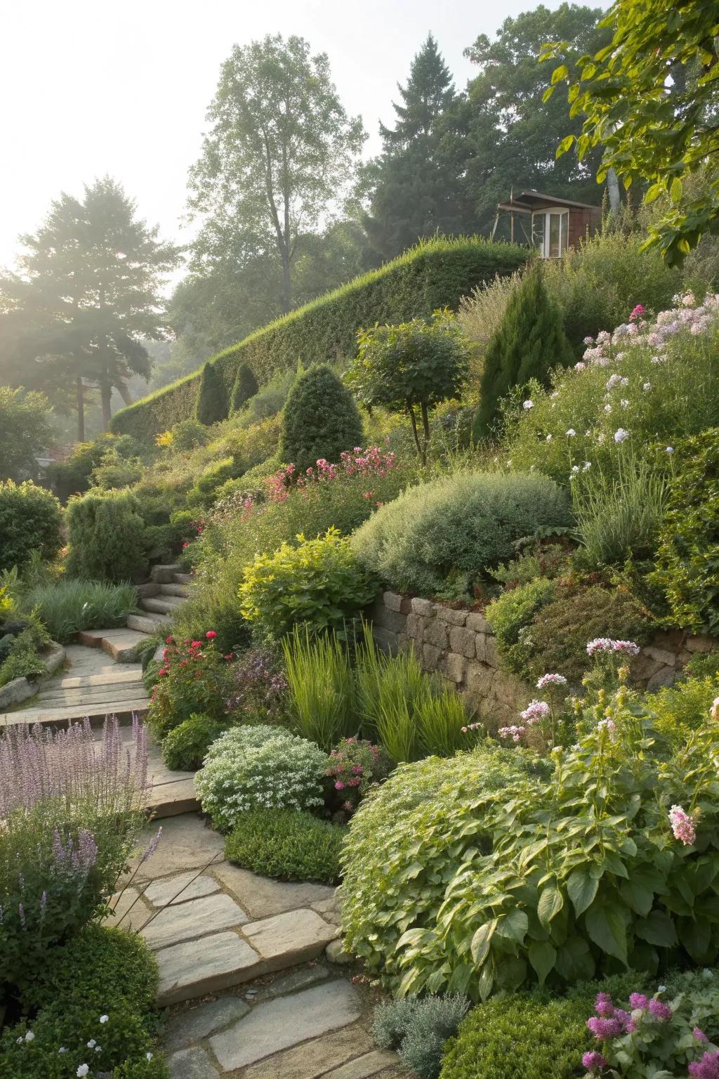 A beautifully layered garden with plants of varying heights and textures.