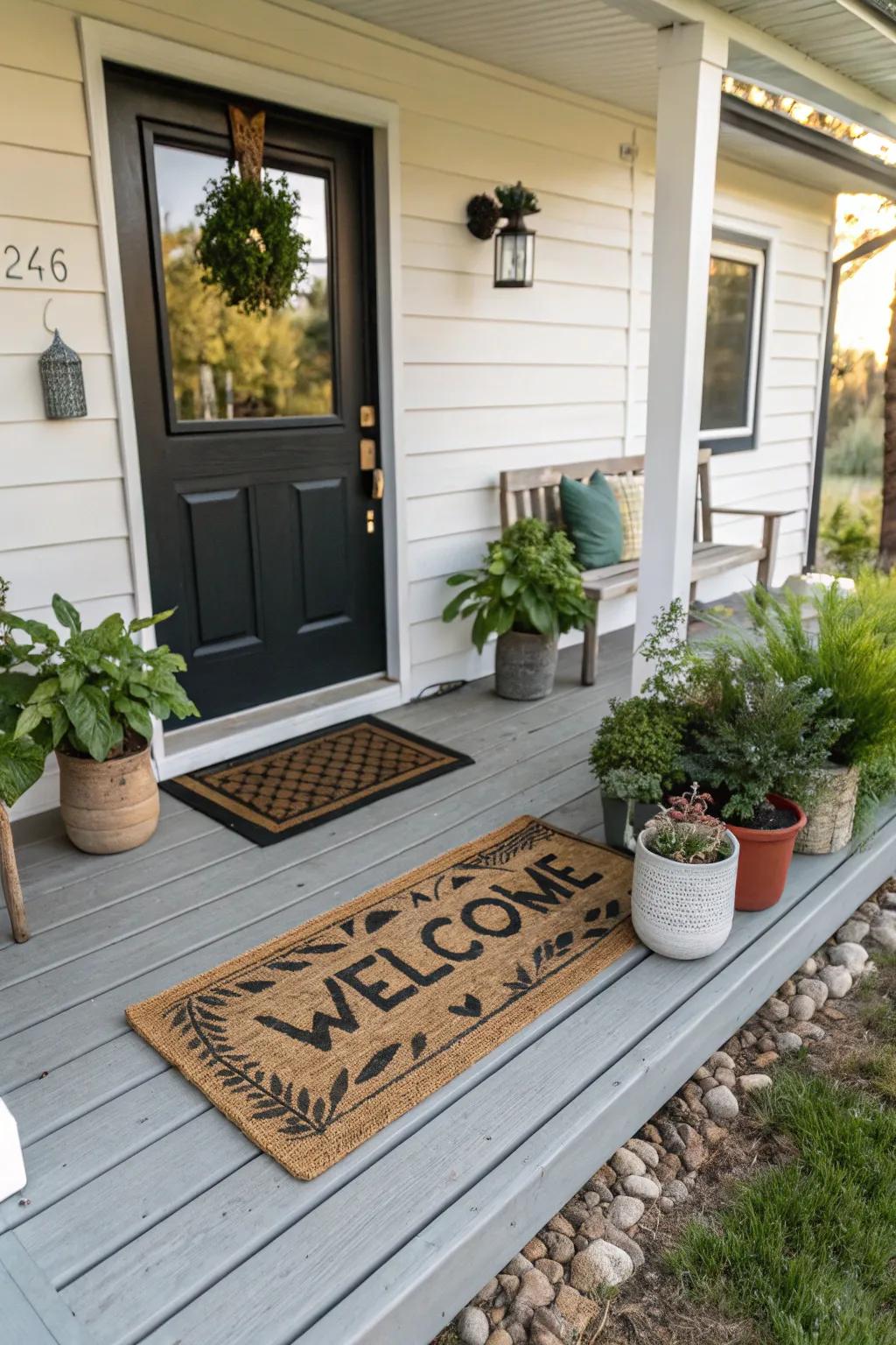 A warm greeting with a personalized welcome mat.