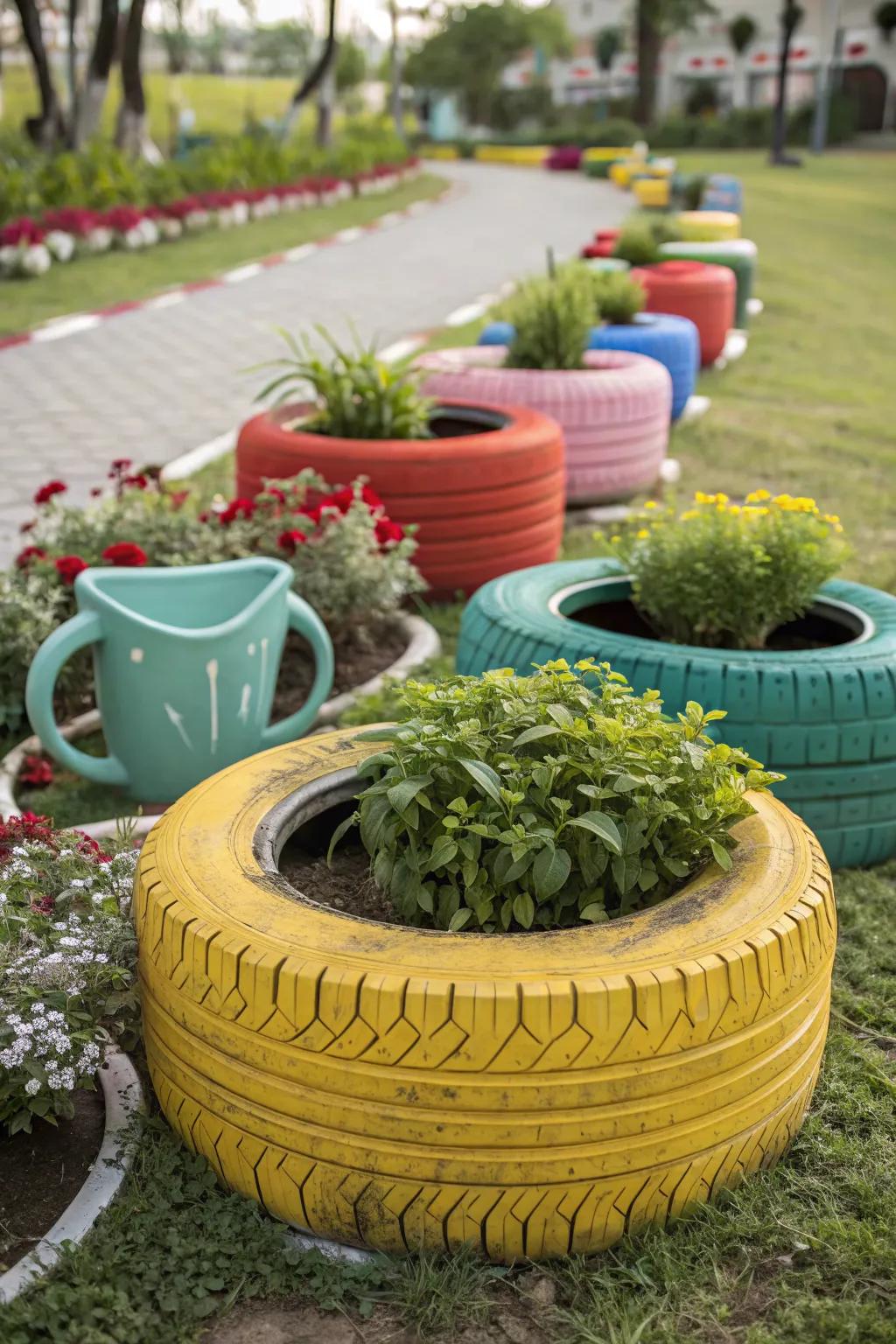 Coffee cup tire planters bring charm and whimsy to gardens.