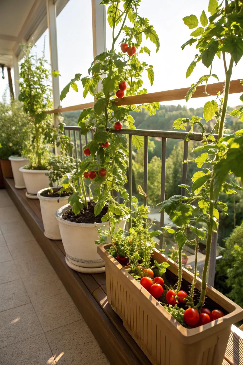 Self-watering containers keep tomatoes hydrated effortlessly.