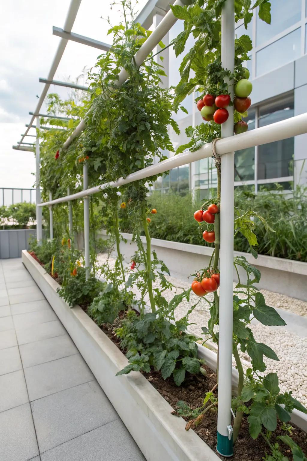 Modern PVC pipe trellis for tomato support.