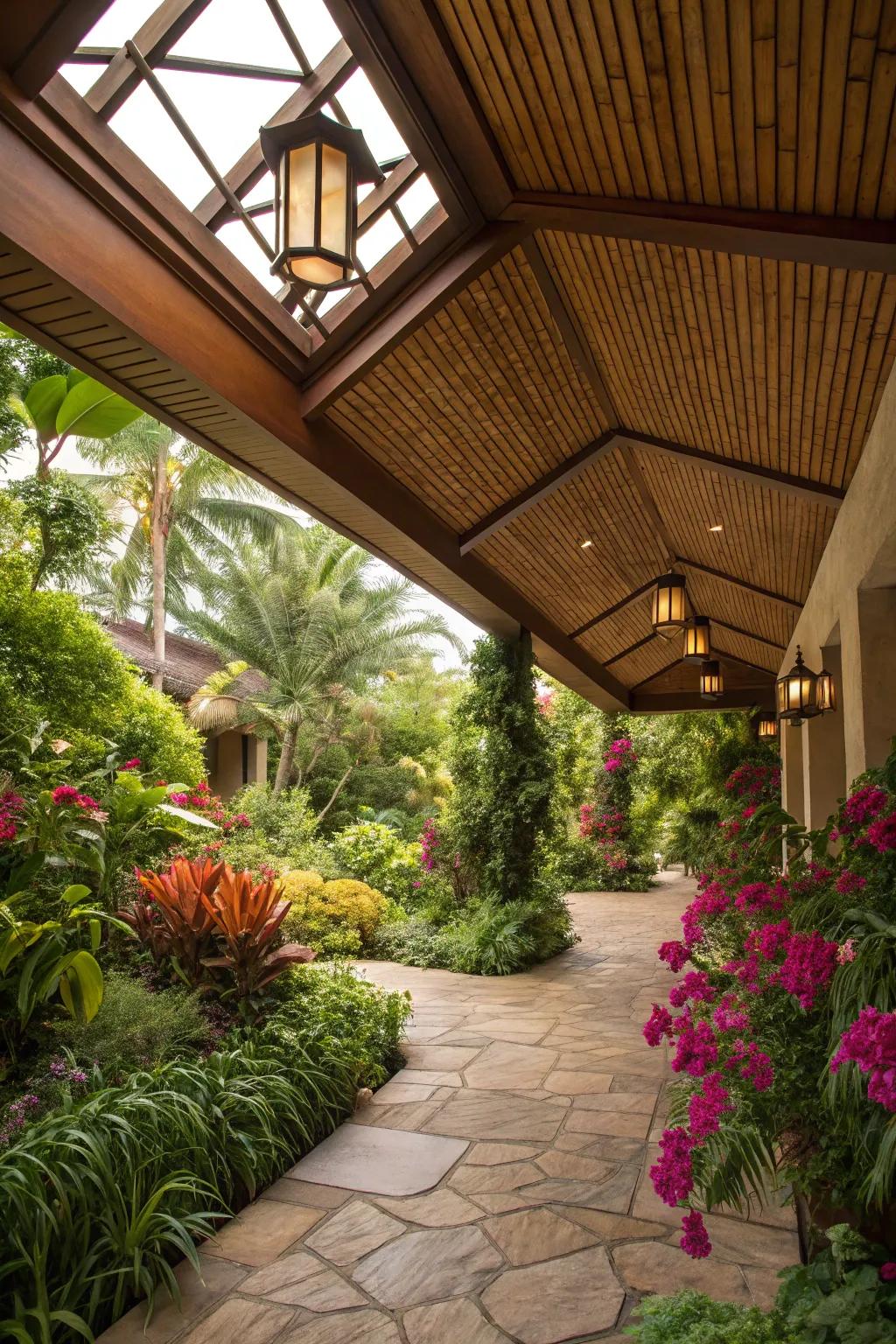 A tropical escape with a ceiling that complements lush surroundings.