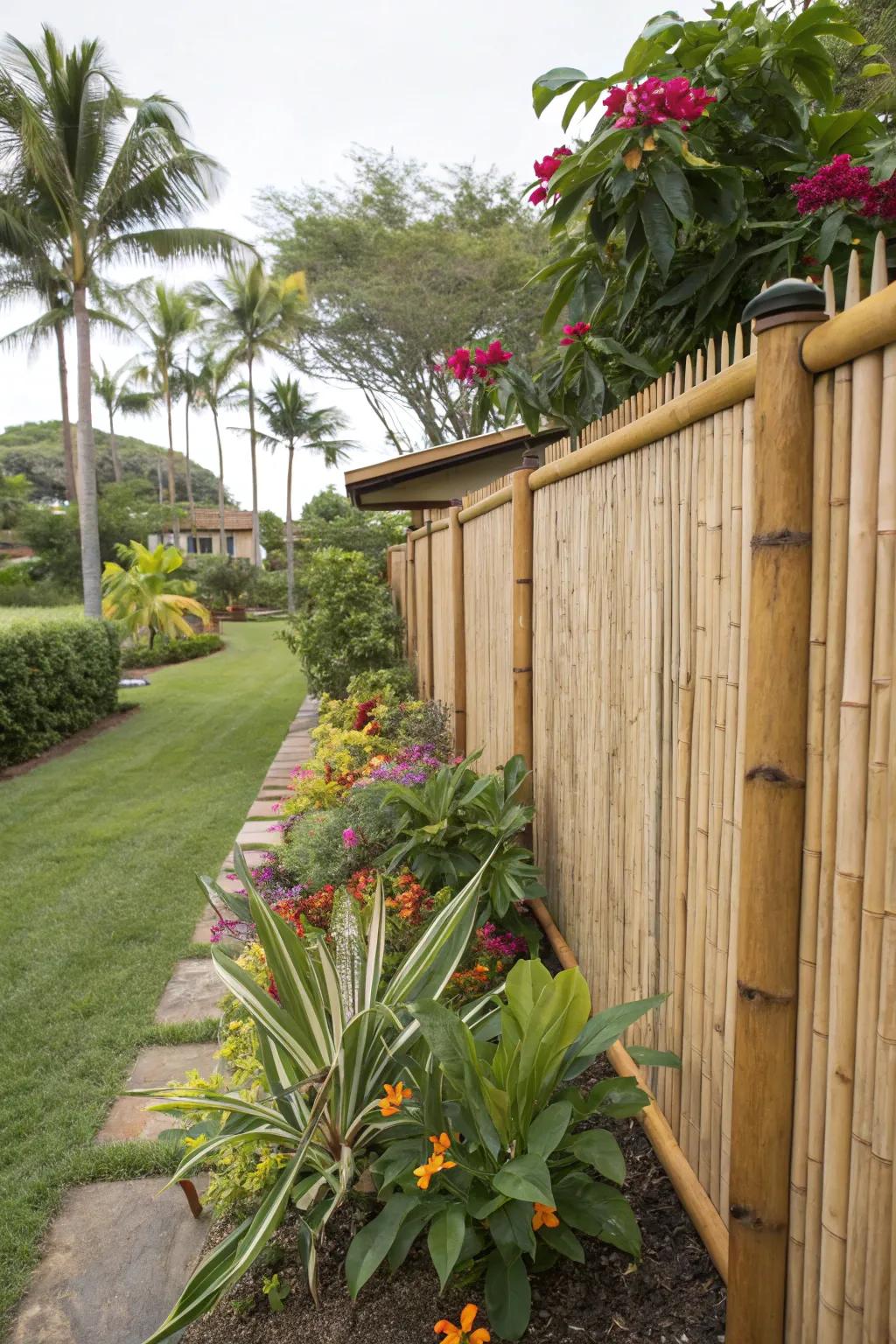 Bamboo toppers create a tropical feel for fences.