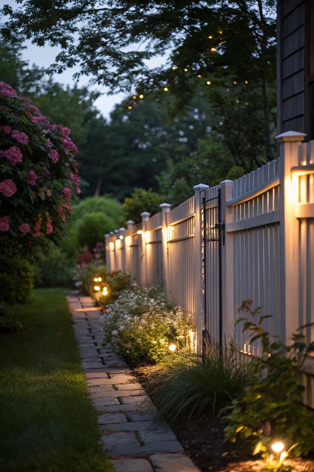 Integrated lighting adds ambiance to garden fences.