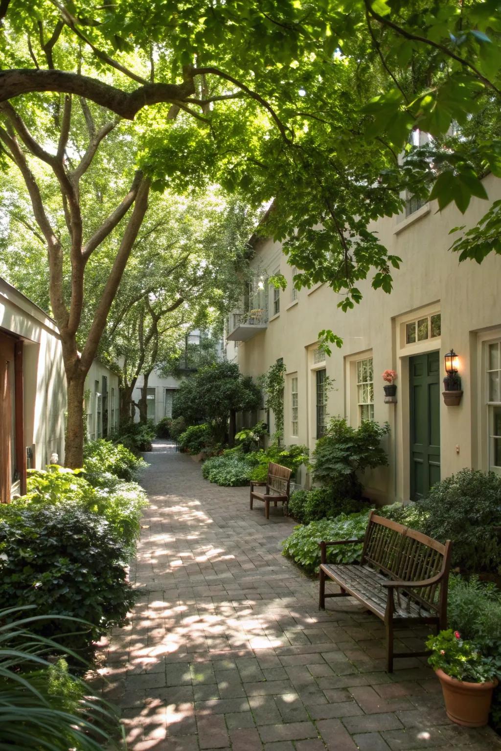A canopy of leaves offers shade and privacy in the courtyard.