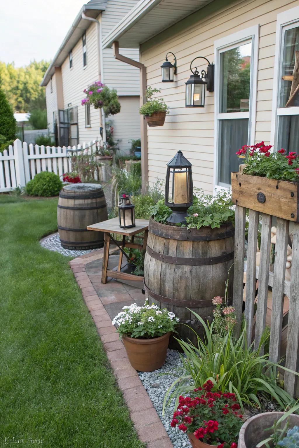Rustic elements adding charm to a townhouse front yard.