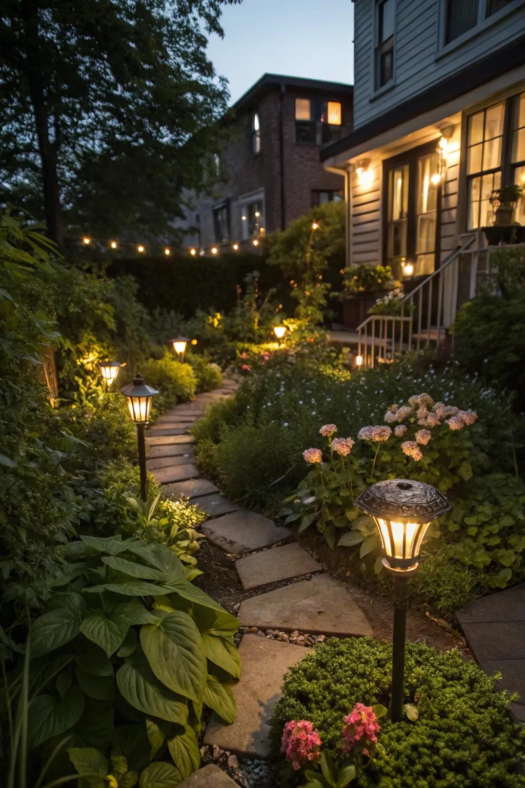 Solar-powered lights creating a warm ambiance in a townhouse garden at night.