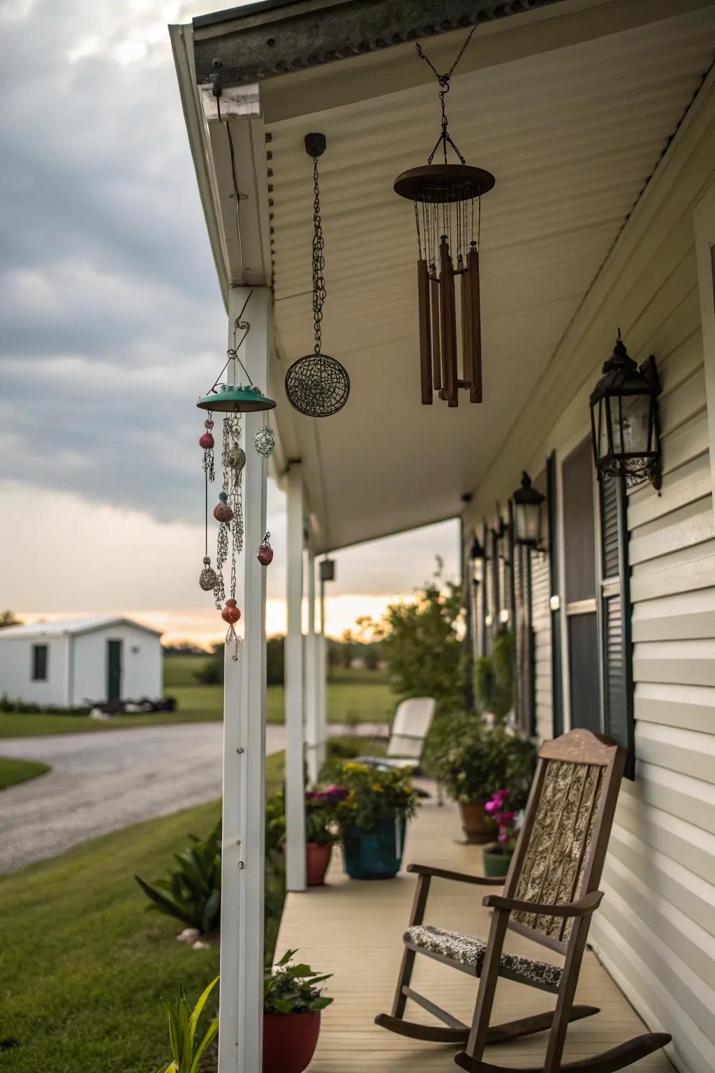 A trailer front porch adorned with whimsical wind chimes.