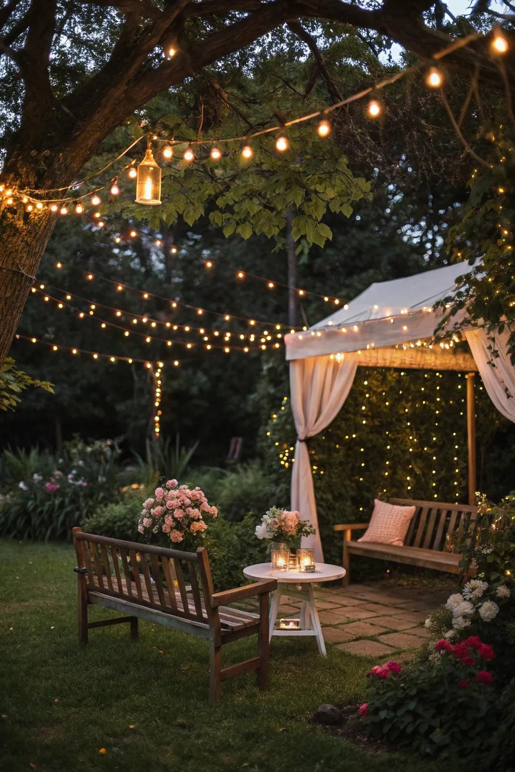 A garden transformed into a magical evening escape with fairy lights.