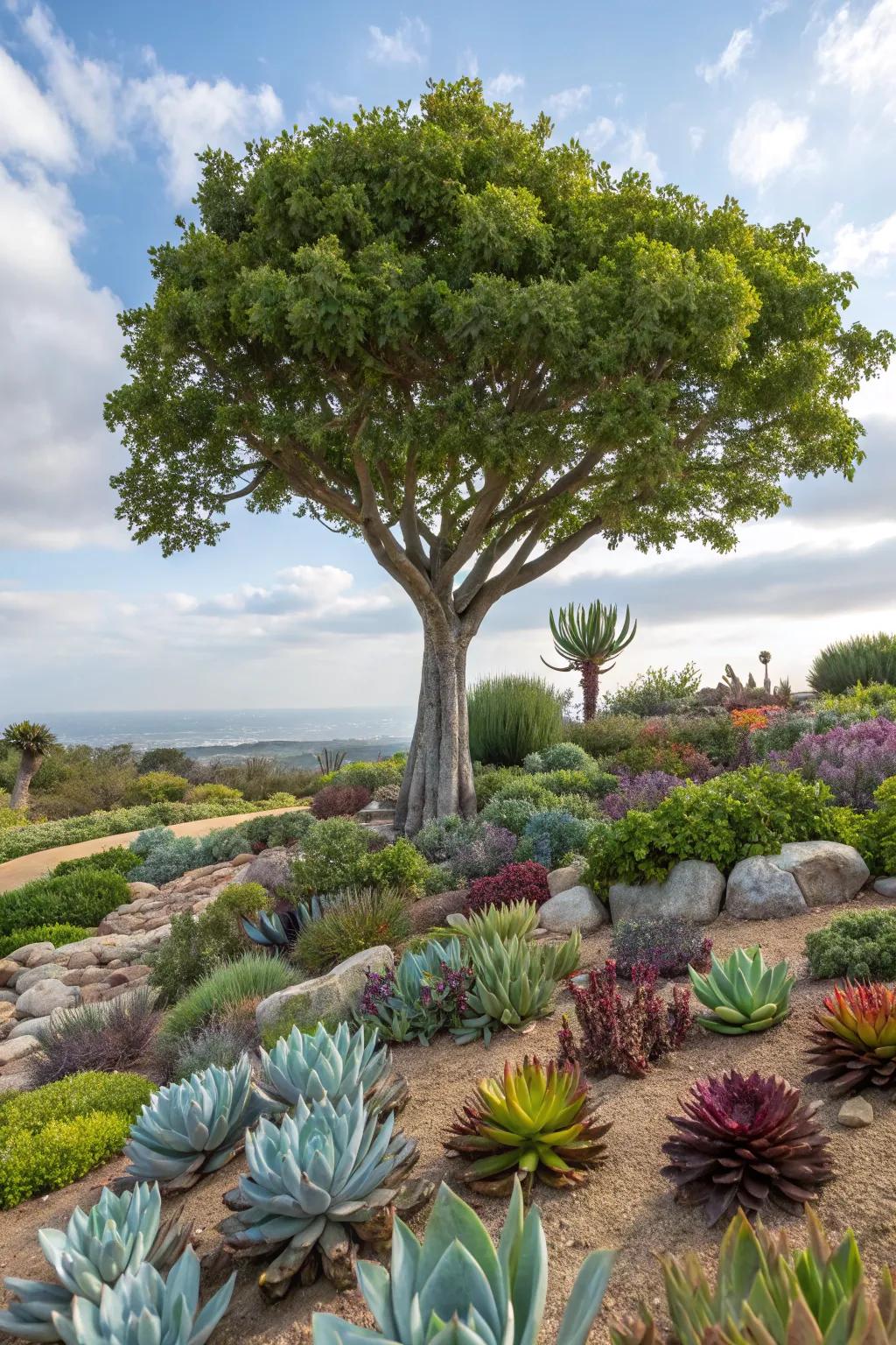 A tree with a vibrant succulent garden.