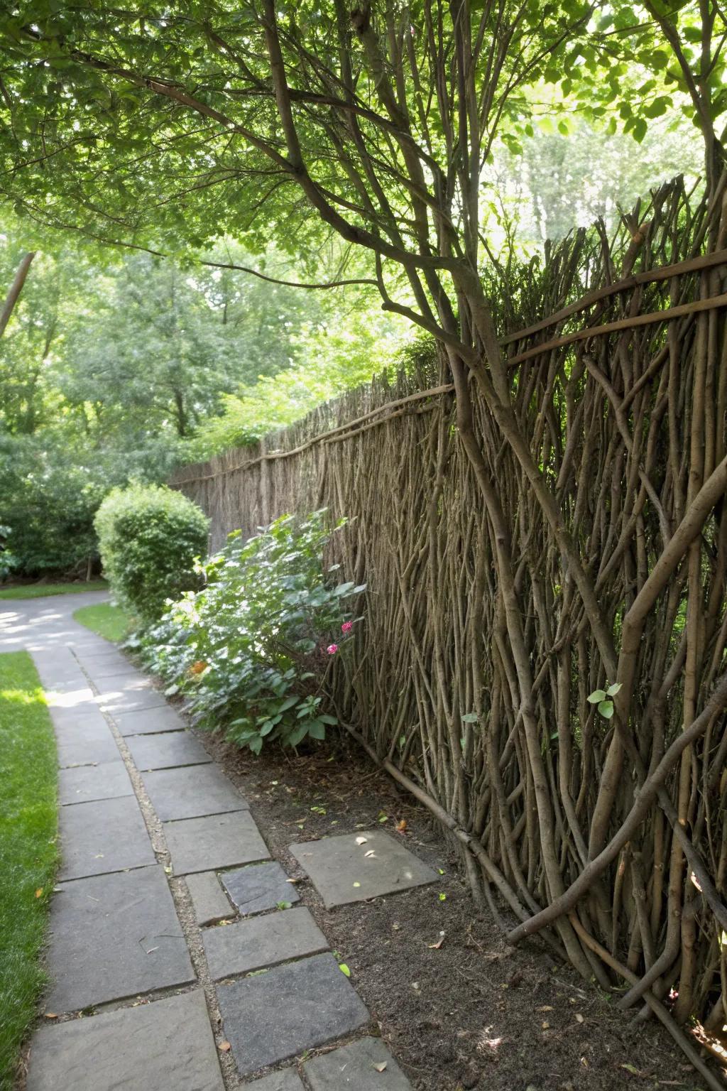 A branch privacy screen offers seclusion with natural aesthetics.