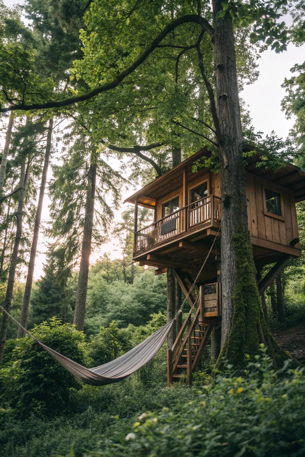 A tree house with a hammock under the canopy, offering a relaxing spot surrounded by nature.