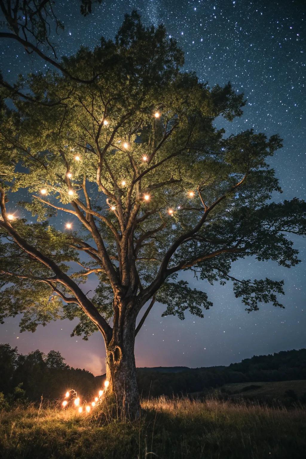 Hidden lights add a mysterious glow to the garden.
