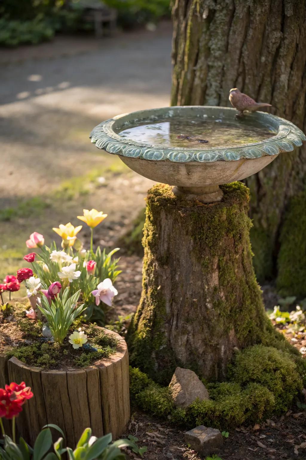 A birdbath adds beauty and function to your garden.