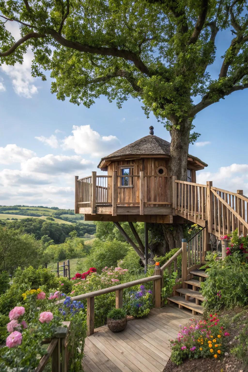 An eco-friendly treehouse with railings crafted from recycled materials.