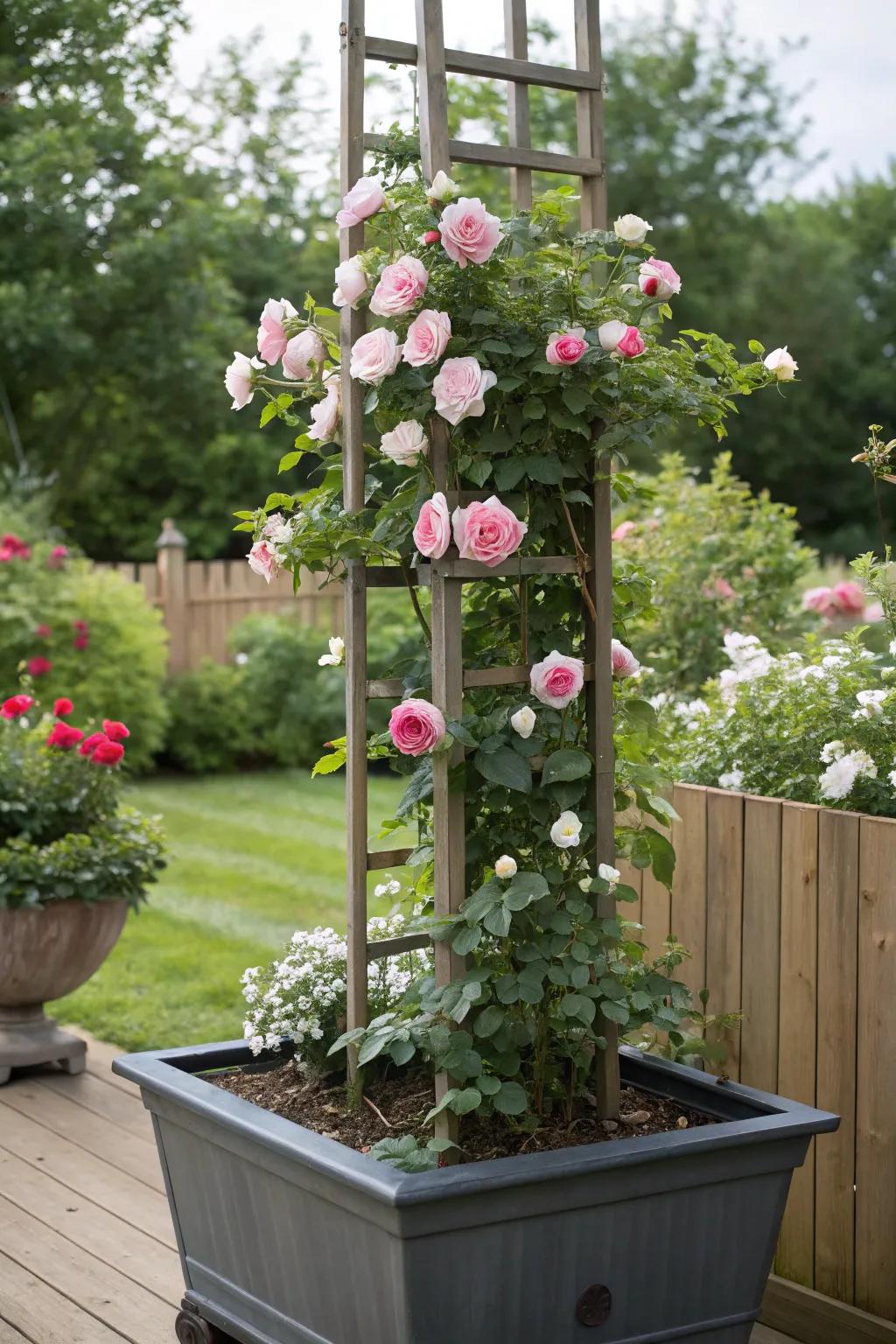 A portable trellis planter showcasing climbing roses.