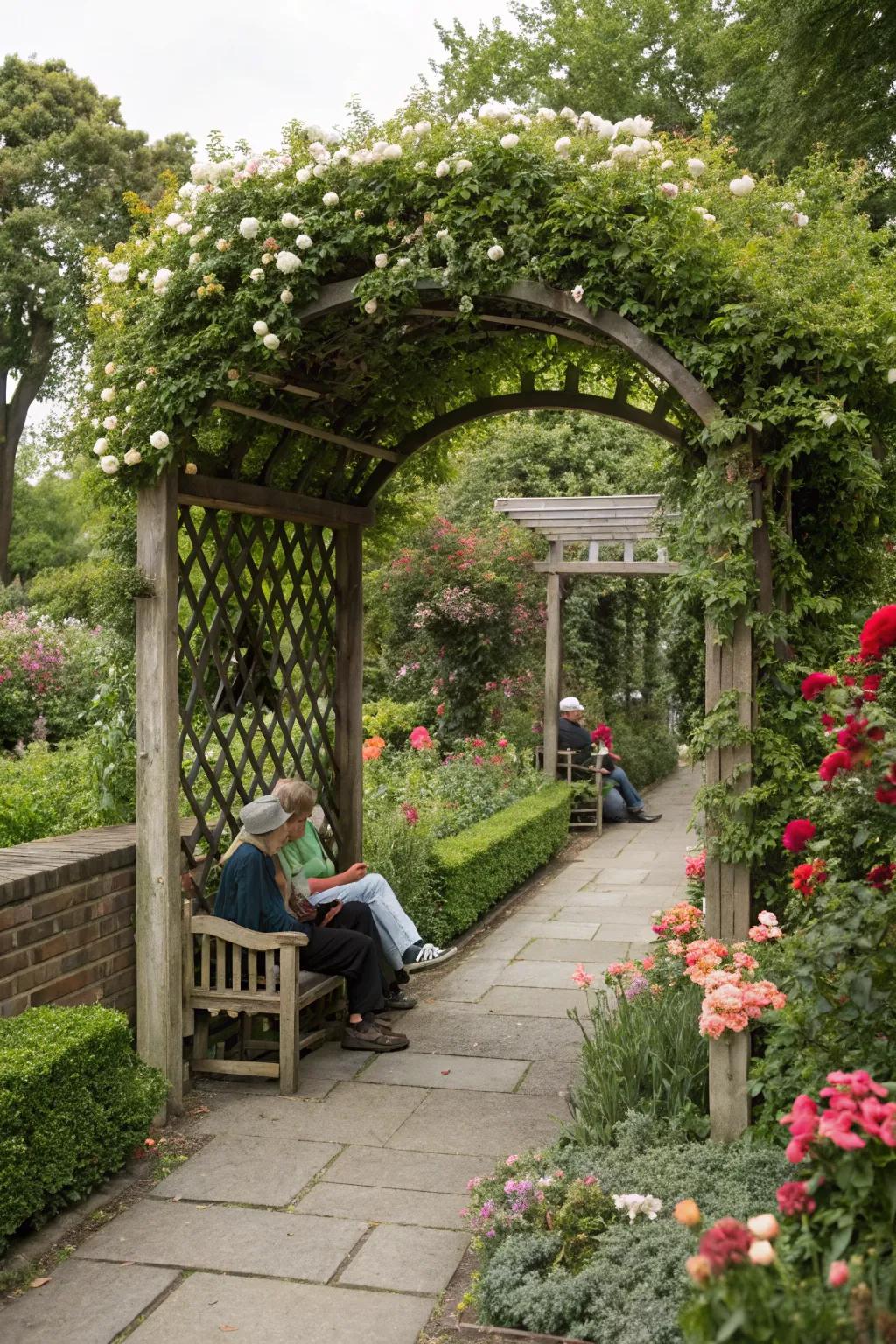 A trellis gate featuring convenient built-in seating.