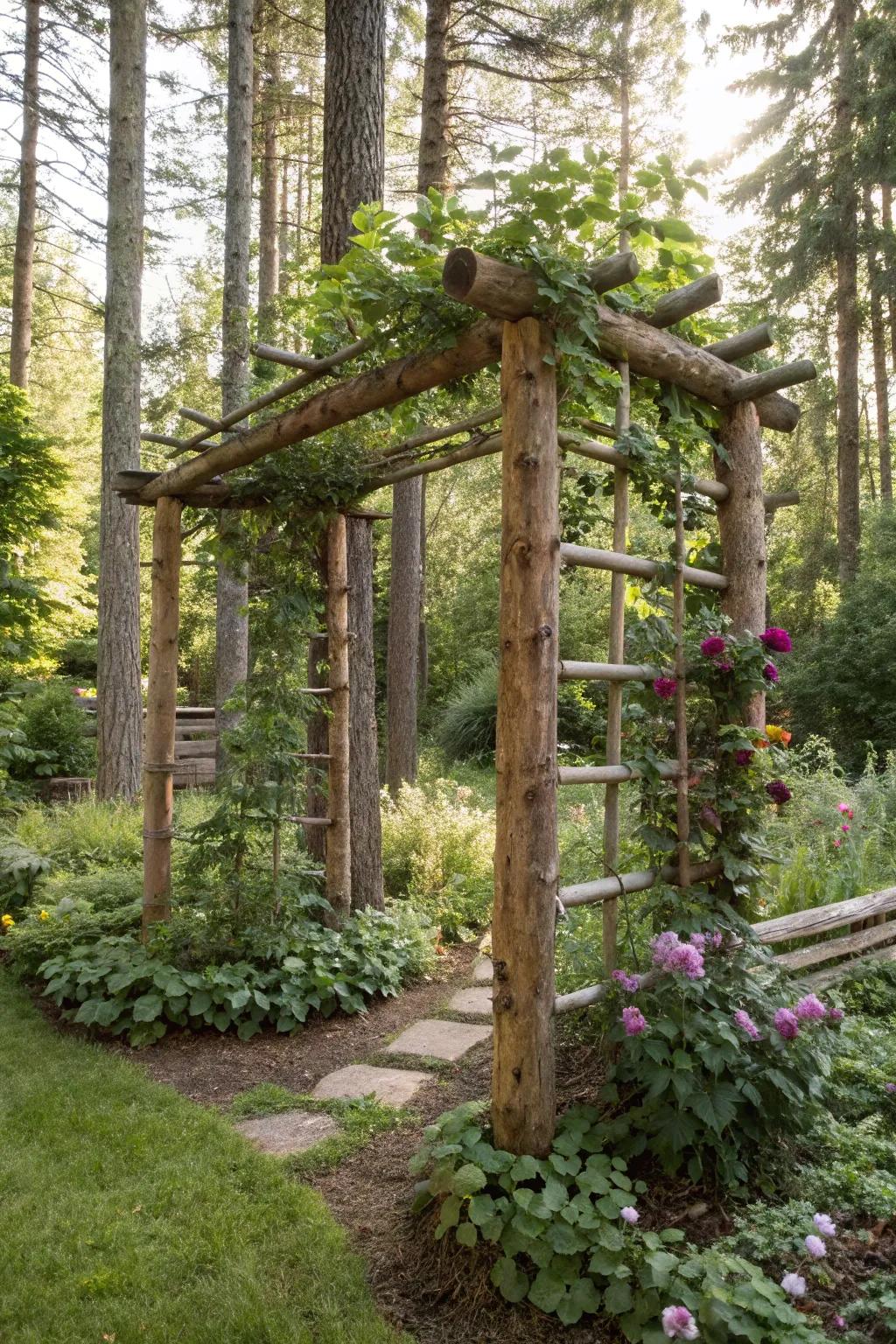 A log trellis adds a natural, rustic touch to your garden.
