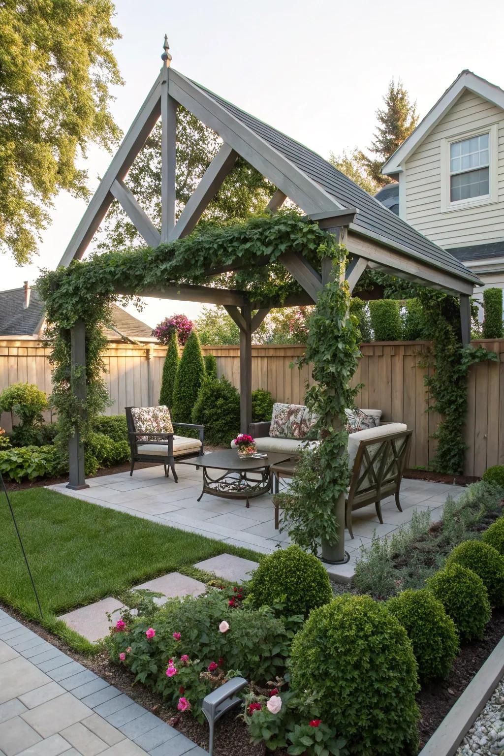 A triangular pergola offers stylish shade and structure to a backyard.