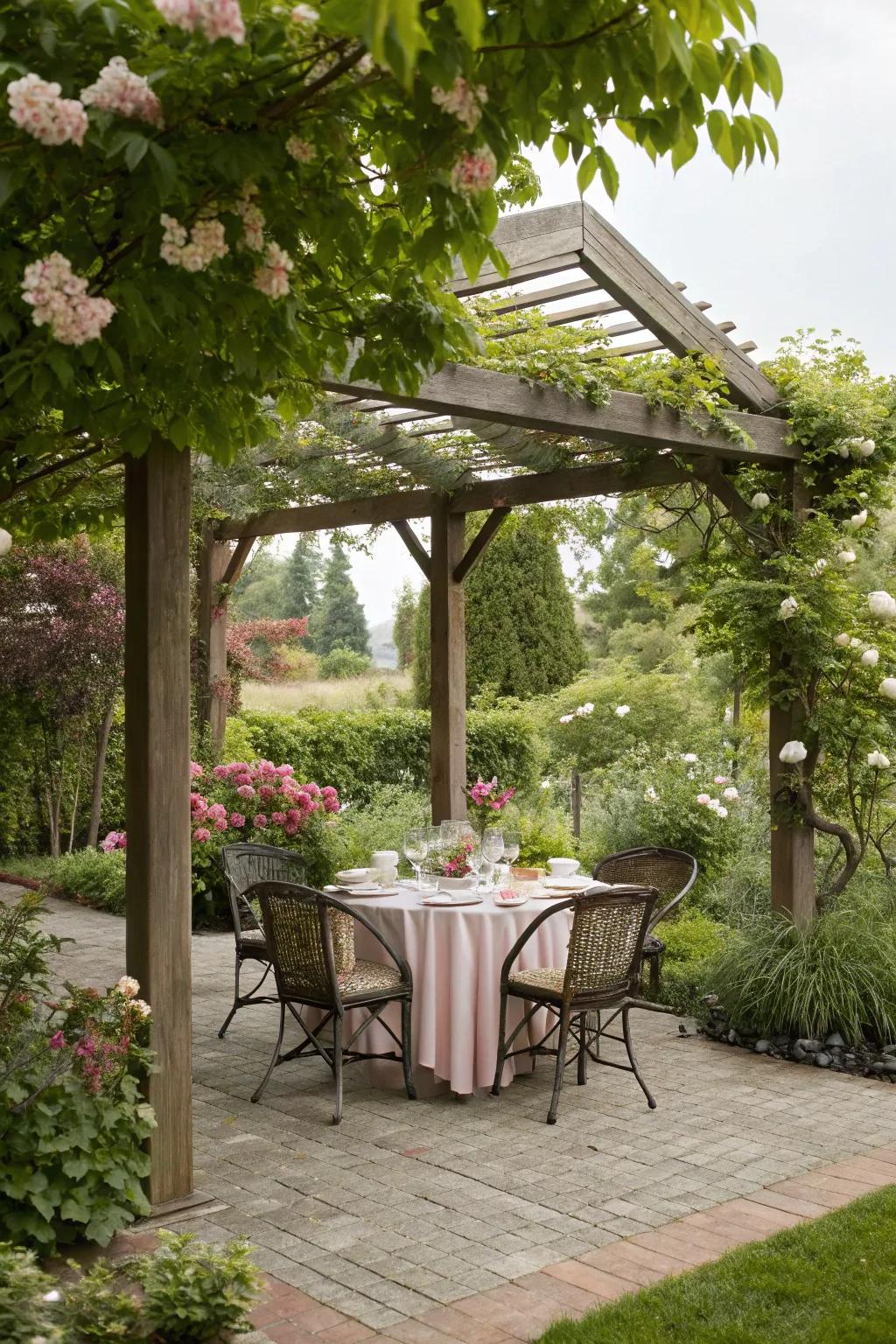 A triangle pergola serving as a charming outdoor dining area.