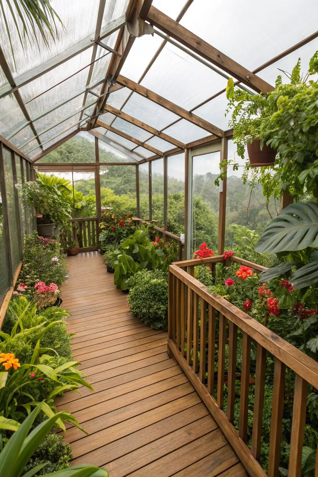 A mini greenhouse adds a practical touch to your tropical deck.