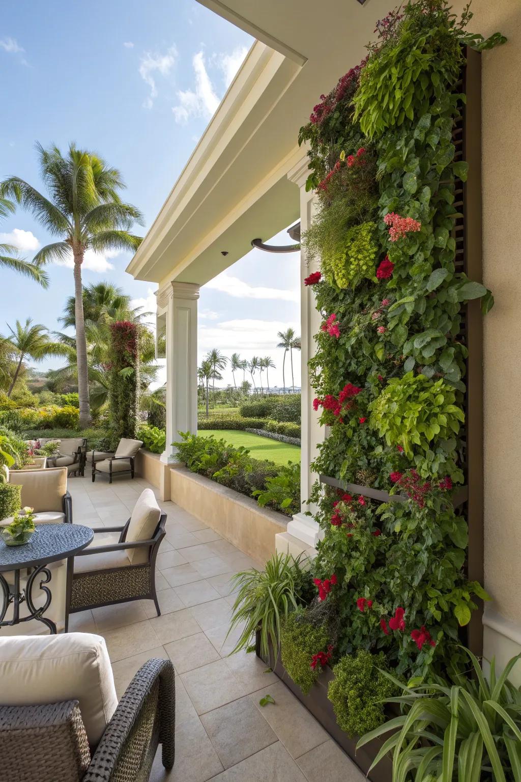 Vertical planting maximizes space and greenery on this tropical patio.