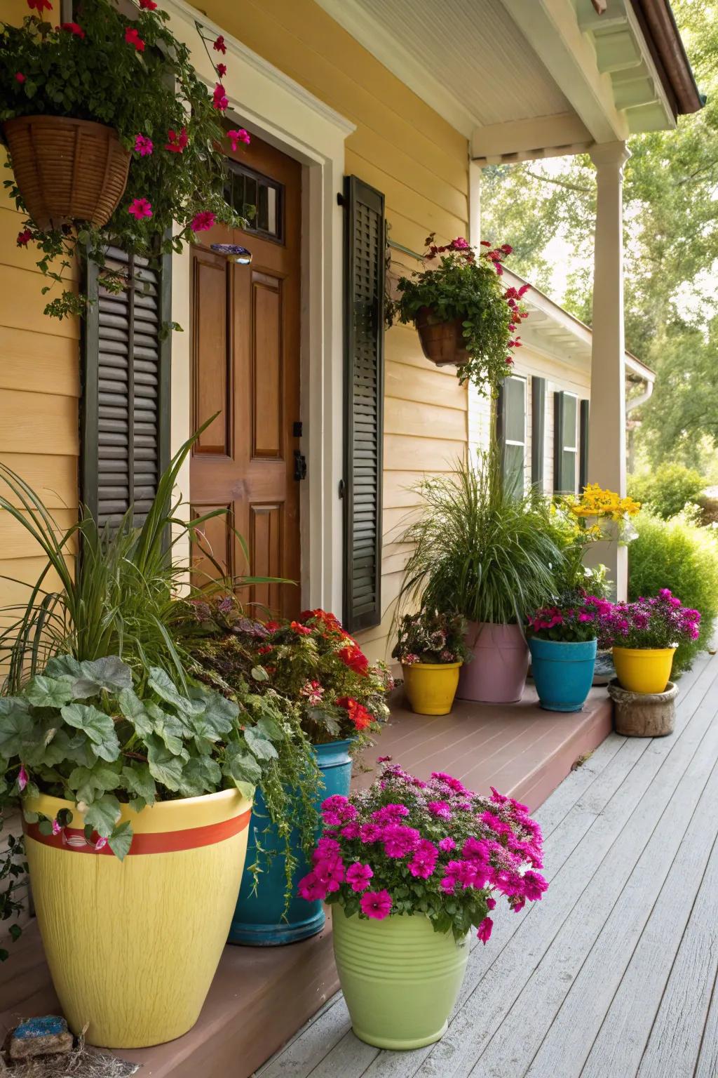 Colorful pottery planters add visual interest and charm.