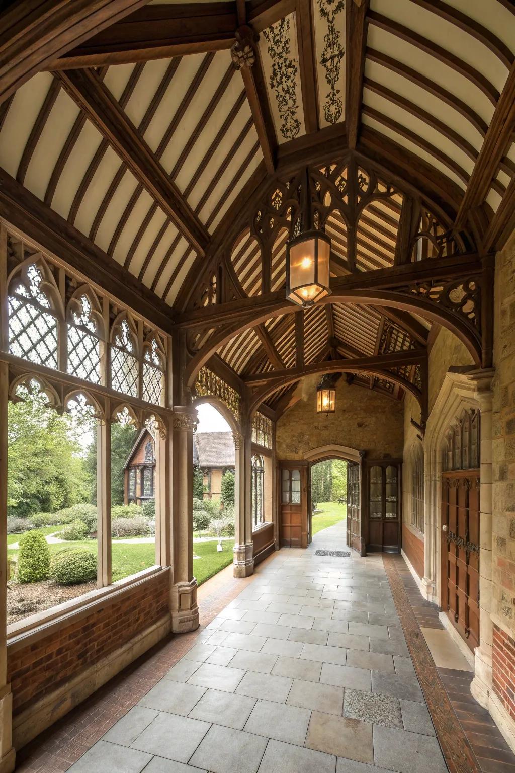 Vaulted ceilings enhance the spacious feel of this Tudor porch.