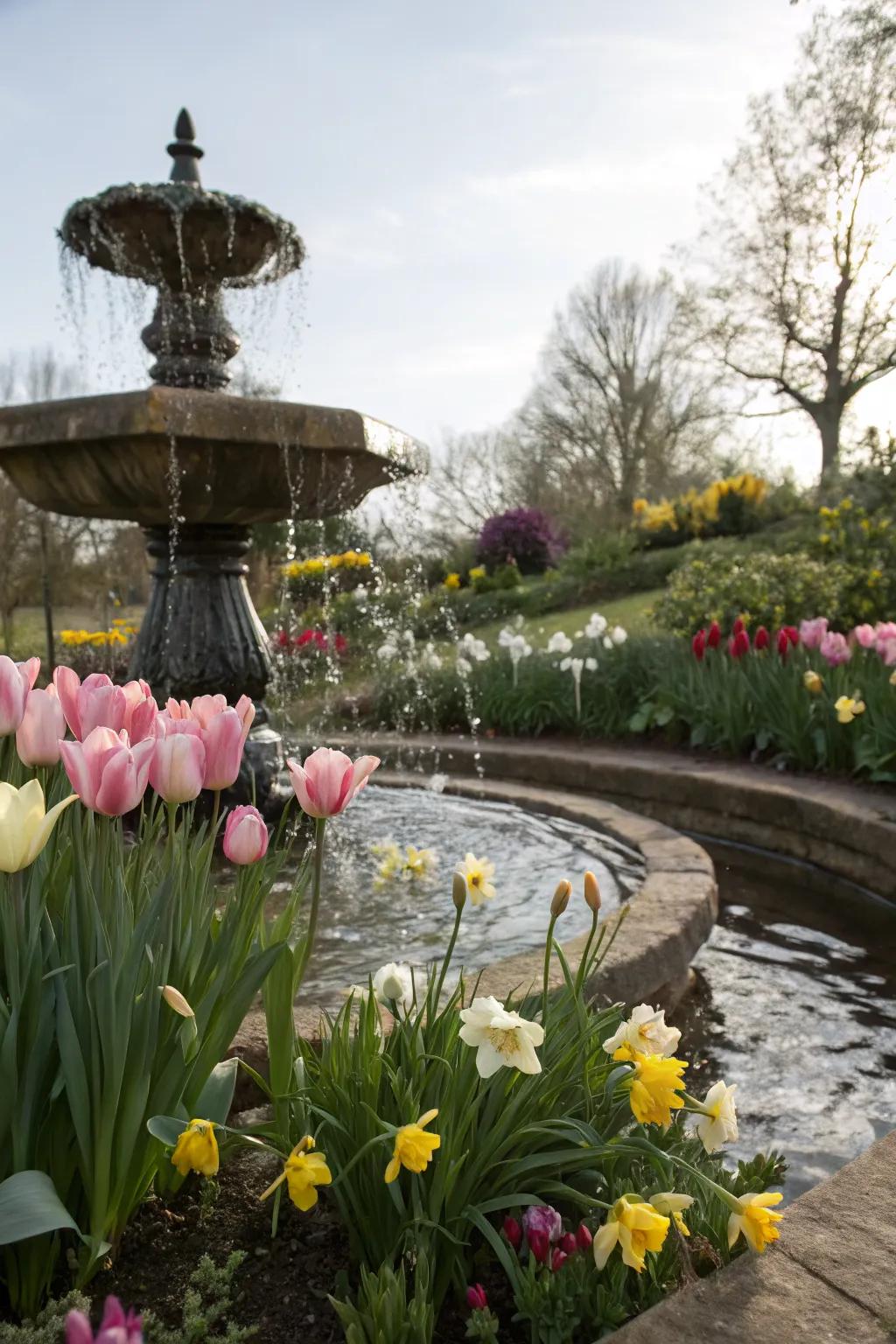 A tranquil water feature framed by tulips and daffodils.