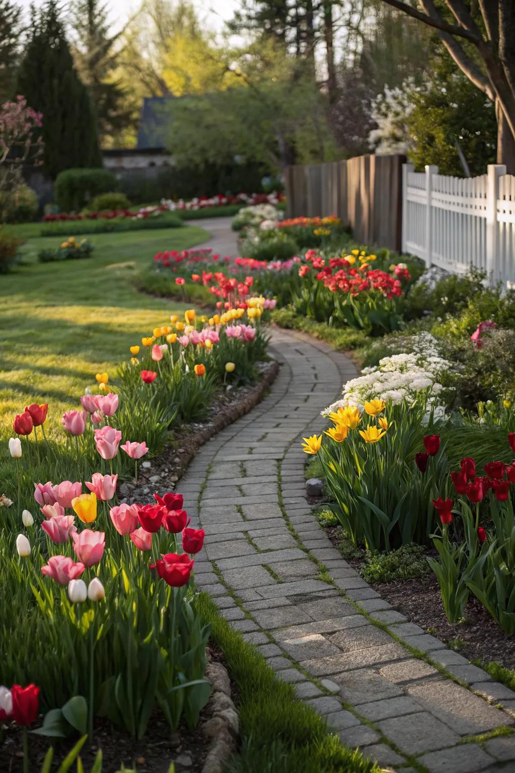 A tulip-lined pathway creates an enchanting garden walk.