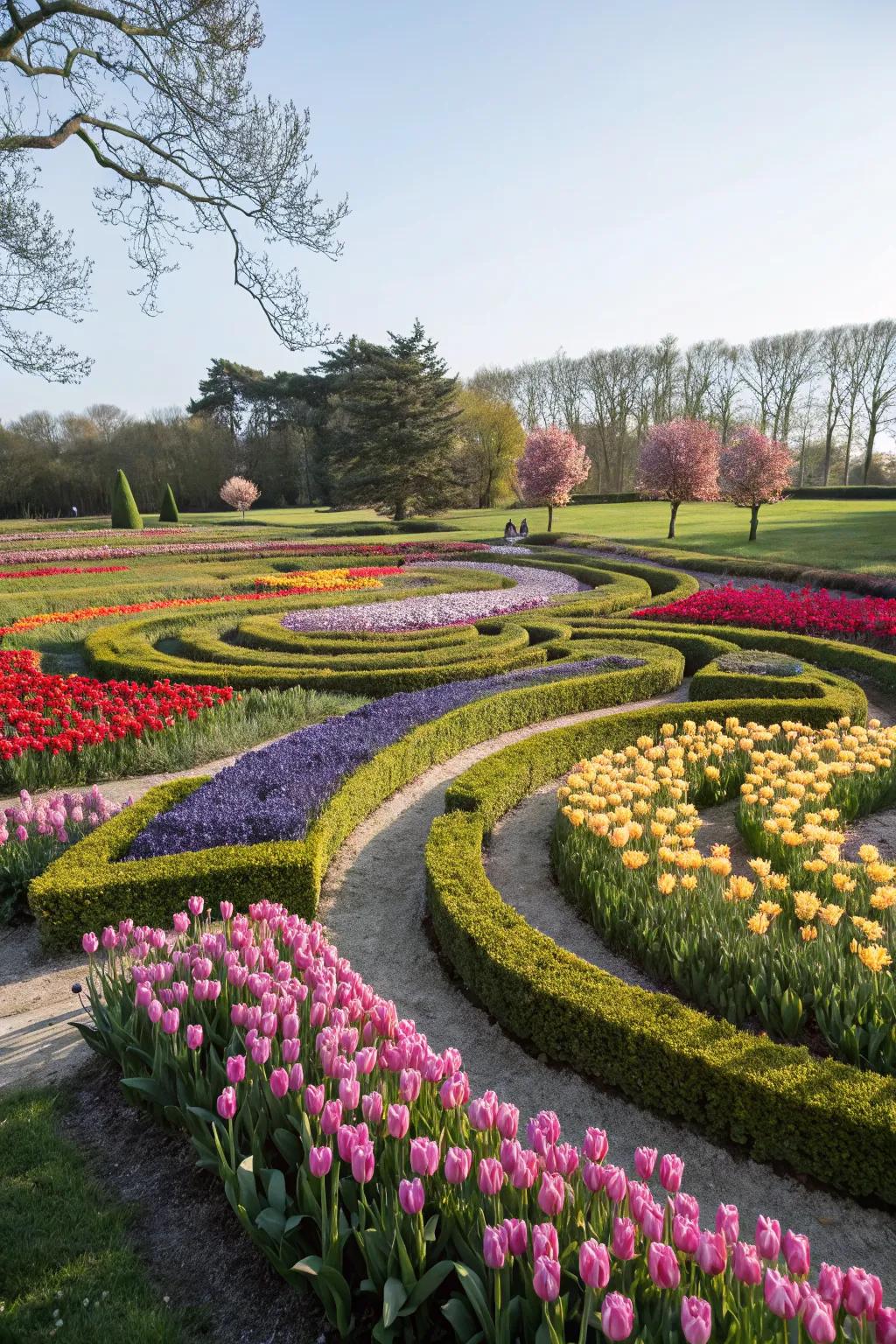 A tulip labyrinth offers an enchanting and playful garden experience.