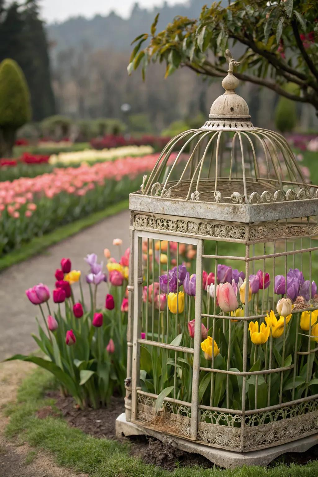 Whimsical tulips displayed in a charming birdcage.