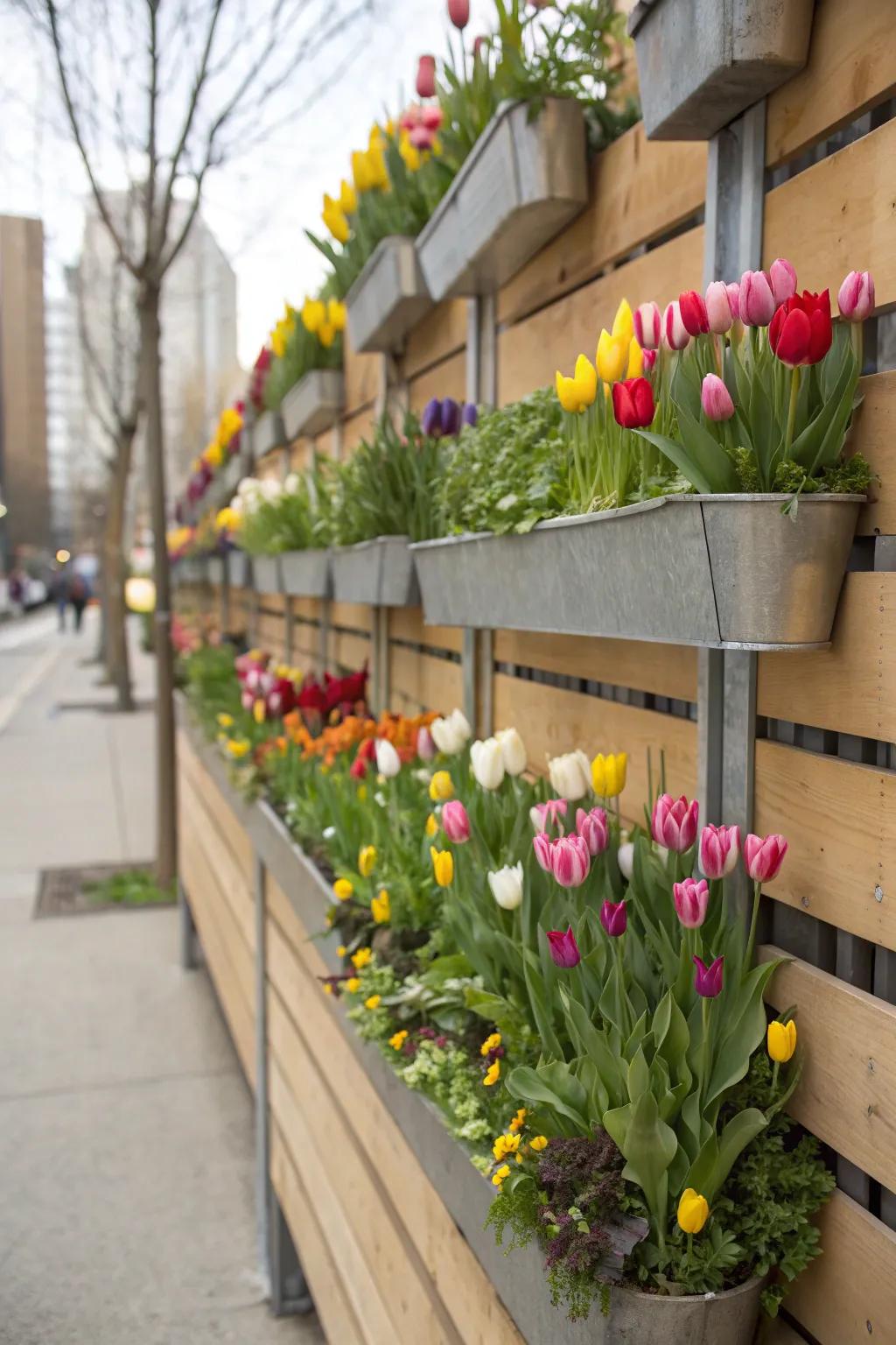 A vertical garden featuring tulips in wall planters.