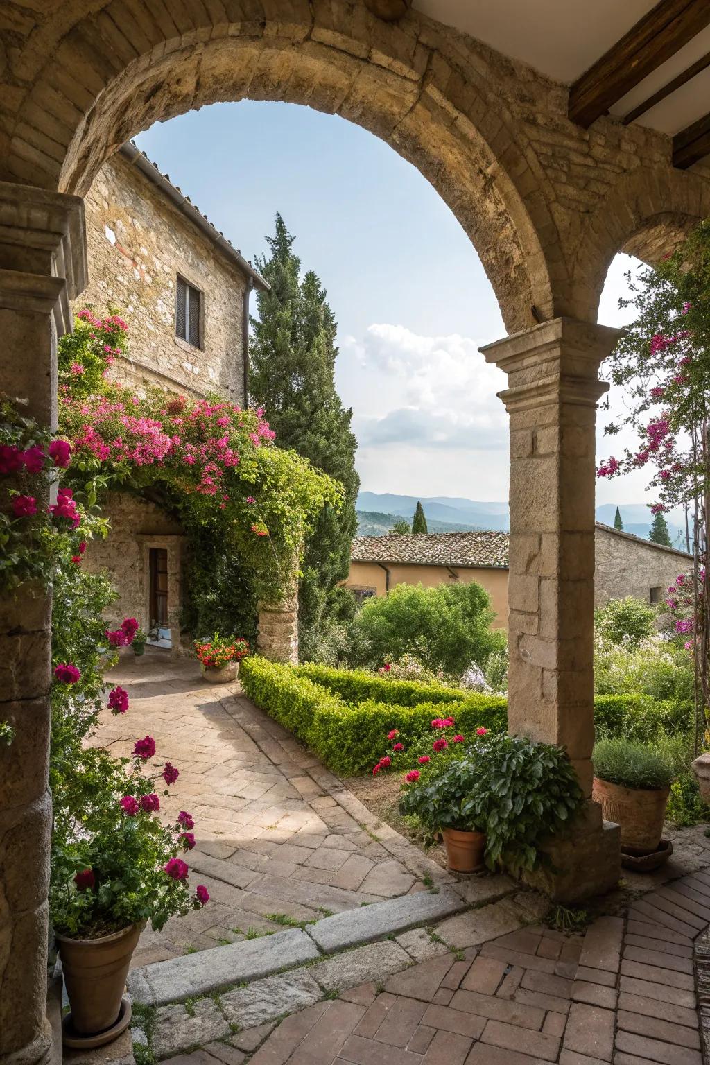Archways add architectural charm to this Tuscan courtyard.