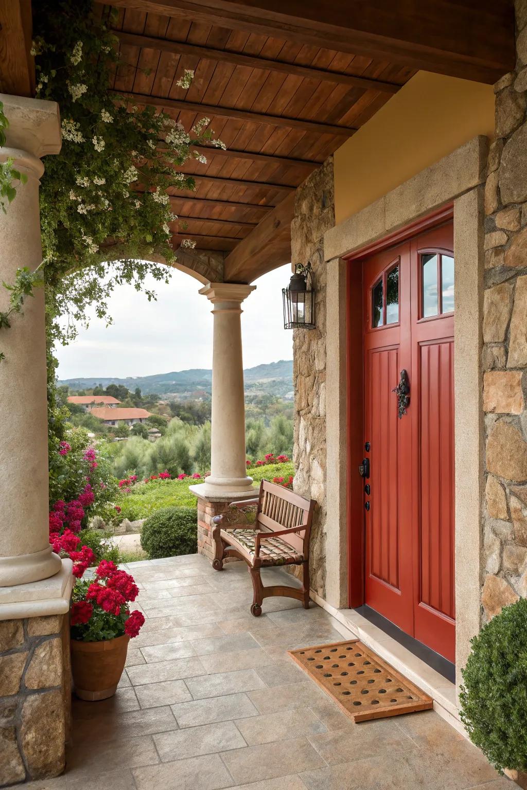 A statement door adds a pop of color and personality to the porch.
